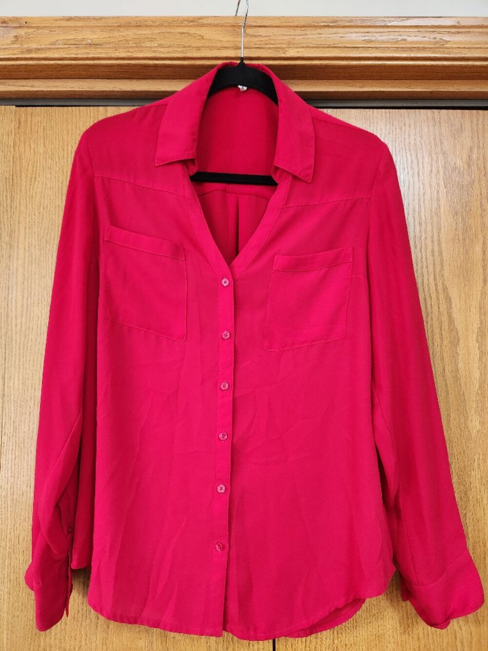 Express Portofino Shirt- Size M - Red Georgette Button Up/Long Sleeve Blouse